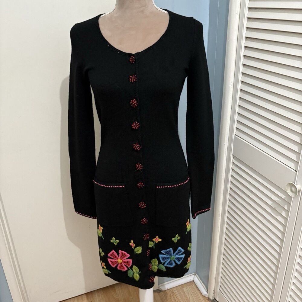 Betsey Johnson Sweater Dress Black Floral Embroidered Size Med 100% Wool NWT
